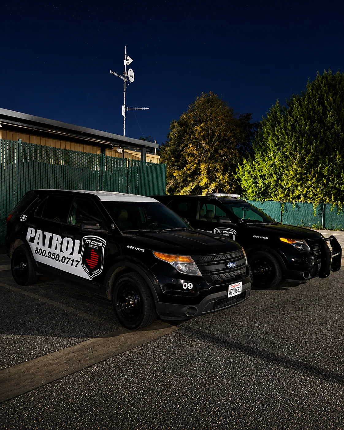 Fit Guard patrol vehicle providing data center security and fire watch services at industrial facility at night in California
