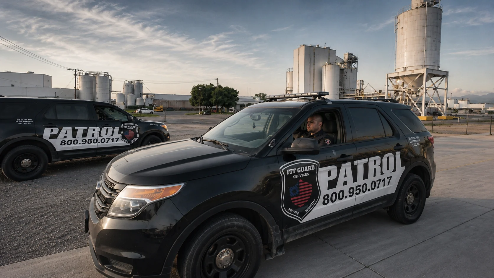 Black Fit Guard Services patrol SUV with 800-950-0717 providing mobile vehicle security patrol in California